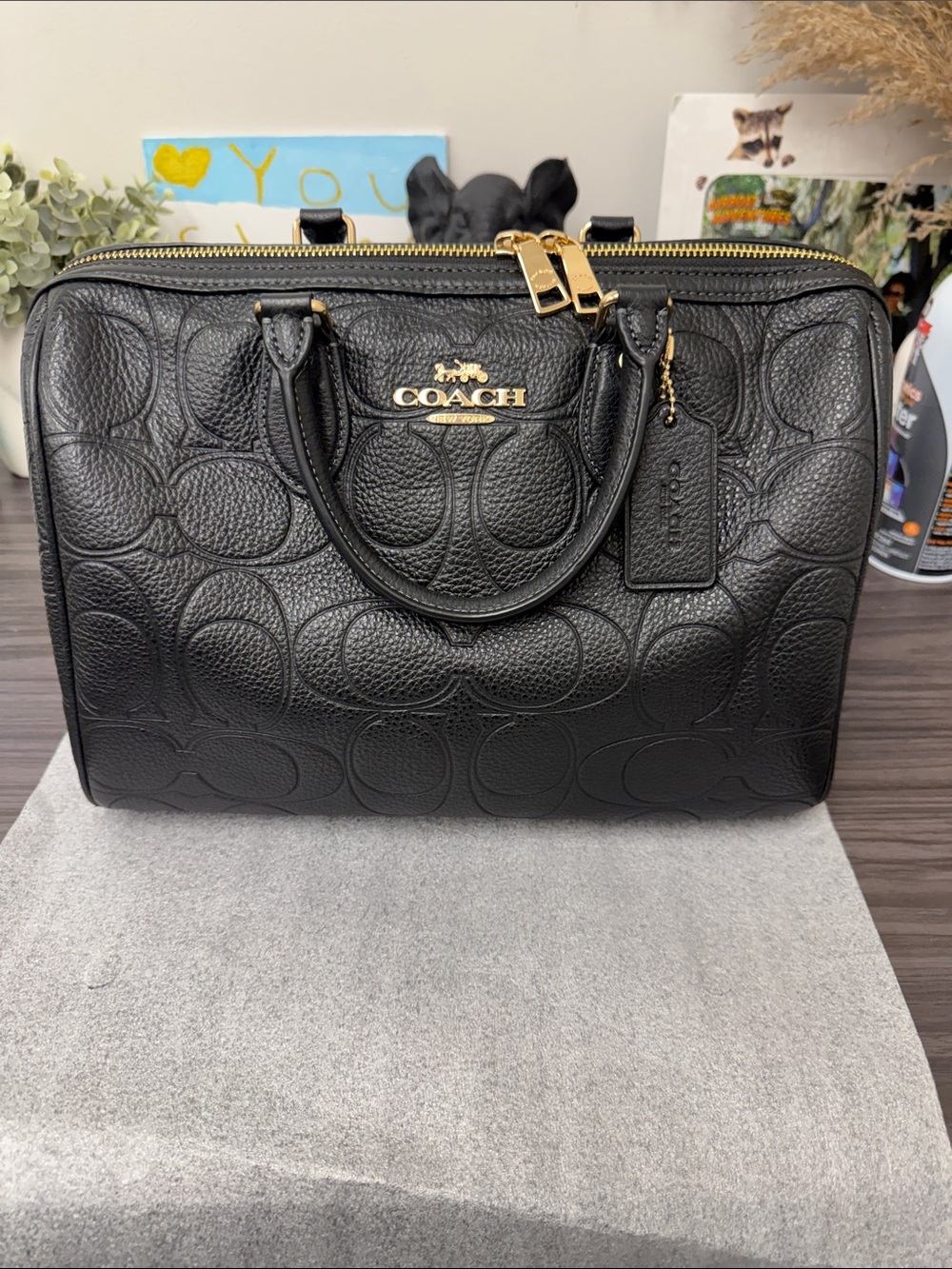 Coach Black Signature pebbled Large Rowan Embossed Leather Satchel